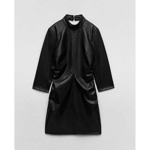 Faux Leather Shirred Padded Shoulder Mini Dress